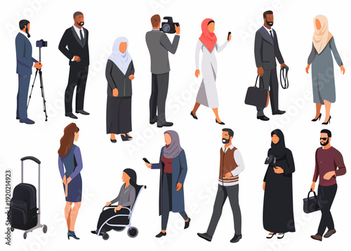 Diverse group of people in professional and travel settings illustrated