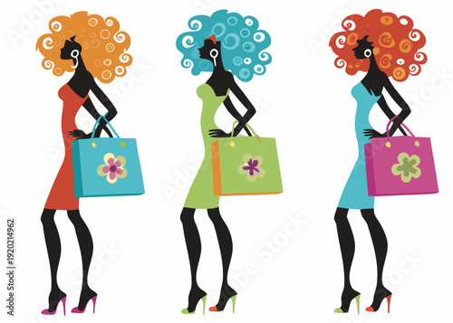 Three silhouetted women with colorful hair and shopping bags