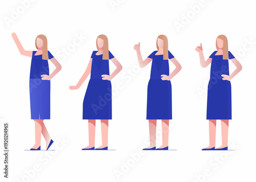 Four identical women in blue dresses displaying different hand gestures