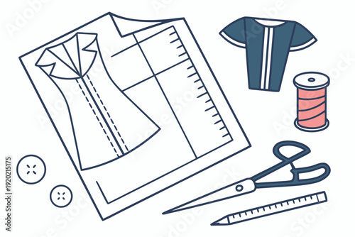 A flat lay illustration depicts sewing tools a pattern and a simple t shirt design