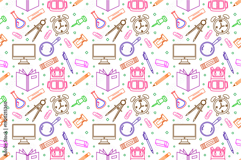 Obraz premium Colorful school stationery doodle pattern. School supplies seamless pattern. School attributes seamless pattern. Student accessories repeat background. Back to school banner design. 