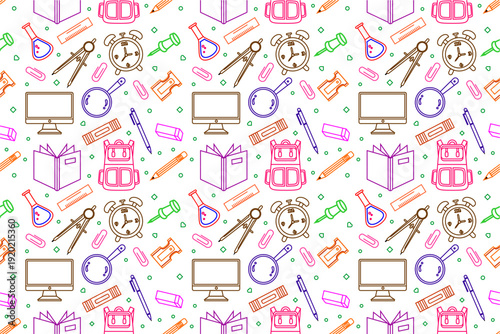 Colorful school stationery doodle pattern.  School supplies seamless pattern. School attributes seamless pattern. Student accessories repeat background. Back to school banner design. 