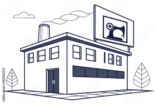 A stylized illustration depicts a factory building with a sewing machine on the billboard high quality