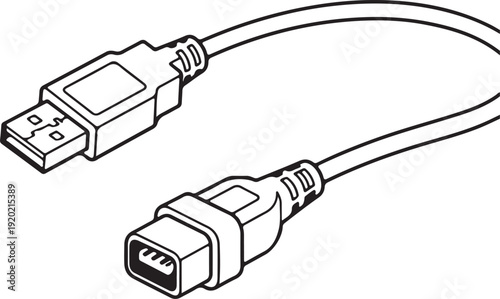 "USB cable vector illustration showing Type-A and Mini-B connectors symbolizing data transfer, charging, and digital connectivity"