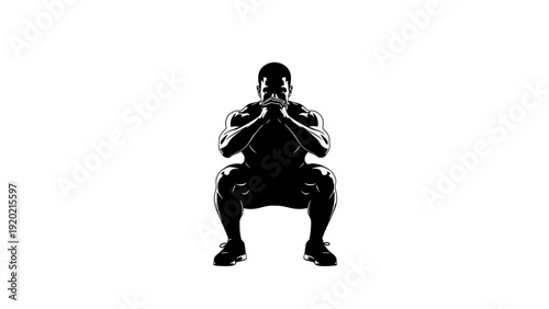 Strong male athlete performing a deep squat exercise, isolated black silhouette.