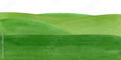 Green fields landscape watercolor seamless border. Hand drawn meadows, hills with grass background illustration, with copy space. Clear summer day for design postcards, banner, website, packaging