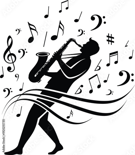 Silhouette of Jazz Saxophone Player with Musical Notes and Flowing Melody. International Jazz day