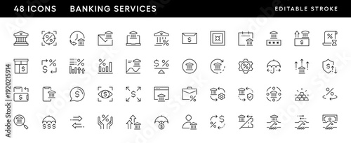 Banking services icon collection. Financial services, bank building, payment, loan, income, invoice, banknote, money flow and more.