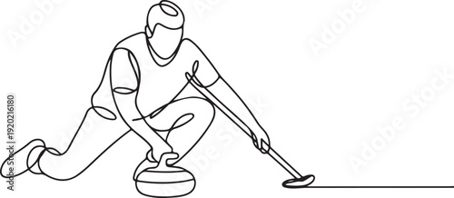 Continuous Line Drawing of a Curling Player, Winter Sport Athlete Sweeping Ice