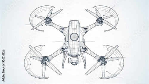 Top view of a vehicle autocad blueprint drone design with four propellers and detailed mechanical components in a technical illustration