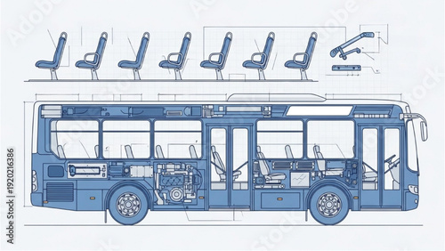 Detailed vehicle autocad blueprint of a modern city bus with seating layout and interior design viewed from the side