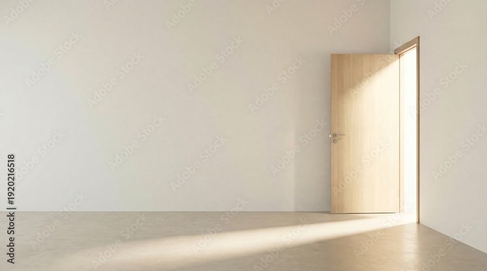 Fototapeta premium An open wooden door casts a bright light into an empty room with concrete floor