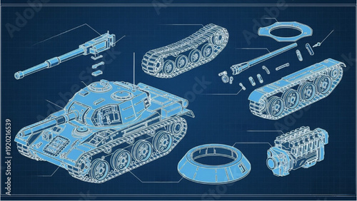Detailed vehicle autocad blueprint of a tank with various mechanical parts and technical drawings on a dark background