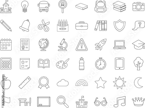 Education and School Outline Icon Set Featuring Study Supplies and Classroom Objects Isolated on White Background