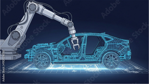 A robotic arm assembles a vehicle using an autocad blueprint in a futuristic factory setting