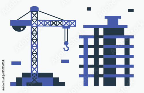 Stylized illustration of a blue construction crane and building framework on a white background high quality