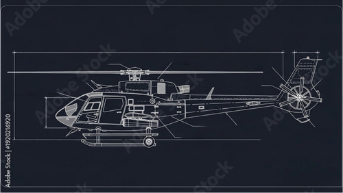 Detailed vehicle autocad blueprint of a helicopter in technical drawing format on a dark background from a side viewpoint