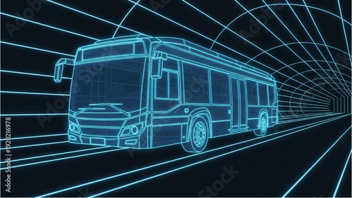A futuristic vehicle autocad blueprint illustration of a bus speeding through a dark tunnel with blue neon lines