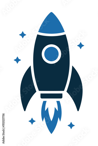 Blue vector rocket launching into space with bright flames