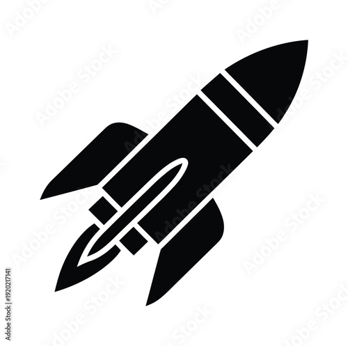 Vector black rocket icon soaring upward in a clean white background