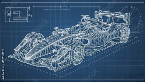 Detailed vehicle autocad blueprint of a formula one car in a technical isometric view on a grid background