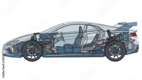Detailed vehicle autocad blueprint illustration showcasing interior and exterior components of a sports car from a side viewpoint