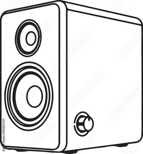 "Speaker vector illustration showing rectangular box with circular drivers and volume knob symbolizing audio equipment, sound system, and music technology"