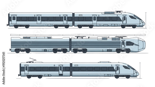 Detailed vehicle autocad blueprint design of modern train cars from various viewpoints