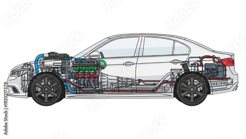 Detailed vehicle autocad blueprint illustration showcasing internal mechanical components and systems of a modern car