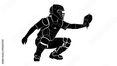 Silhouette of a baseball catcher in full gear ready to receive a pitch.
