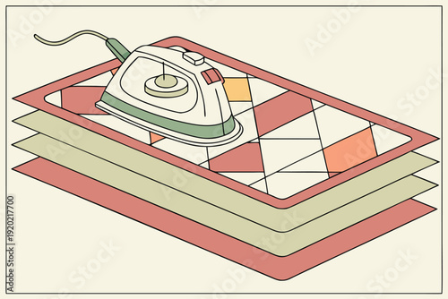 A vintage style illustration depicts an iron resting on a patchwork quilt or ironing board