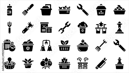 Collection of gardening icons including tools and plants in black illustrations on a simple background from a straightforward viewpoint