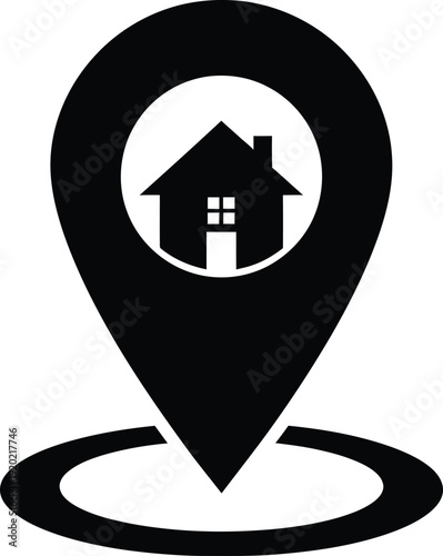 A silhouette of a classic map location pin with a small, stylized house silhouette integrated within its circular base, a clean white background
