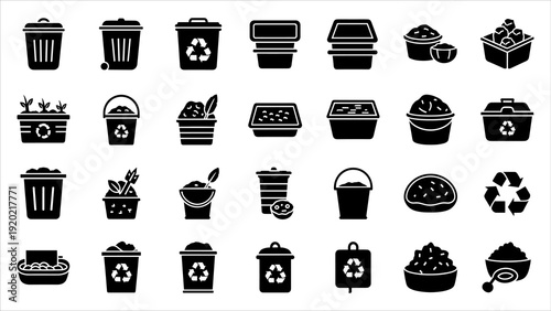 Collection of black icons representing waste management and recycling symbols on a plain background, viewed directly from above