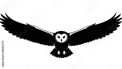 Silhouette of a barn owl in flight with wings spread wide.