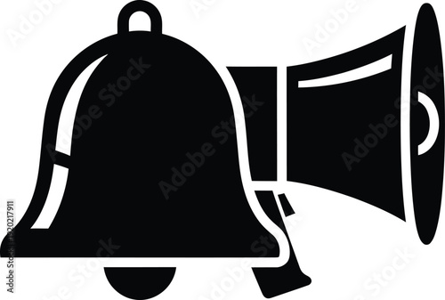 A silhouette of a classic notification bell alongside a megaphone, slightly overlapping, a clean white background