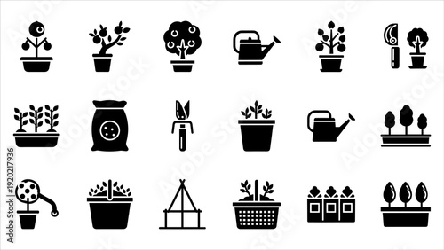 Gardening icons collection featuring various plants and tools in a modern, monochrome illustration style