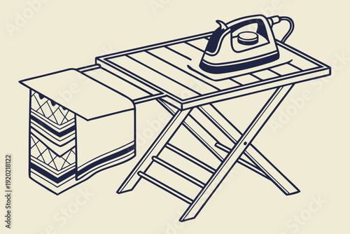 A vintage illustration of a folding ironing board with an iron resting on top high quality