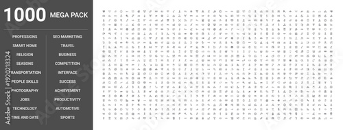 Set of 1000 thin line icons covering business, technology, sports, transportation, travel, productivity, photography, religion, professions, smart home, time, seasons, success, marketing, people