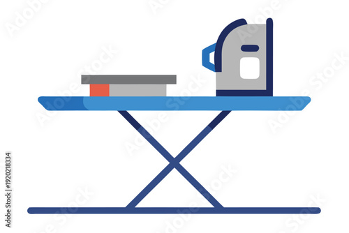 A flat illustration depicts an ironing board with an iron and a container on top
