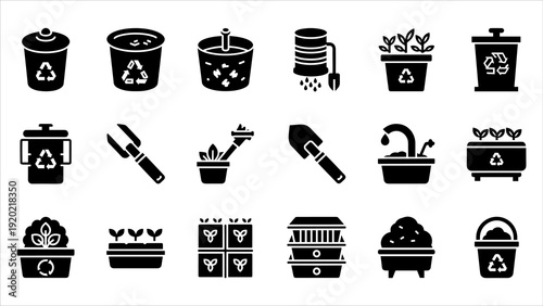 Collection of black icons representing recycling and waste management symbols on a white background viewed directly from above