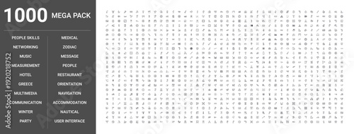 Set of 1000 thin line icons covering medical, music, hotel, party, zodiac, navigation, measurement, winter, Greece, nautical, message, people, networking, multimedia, accommodation, restaurant