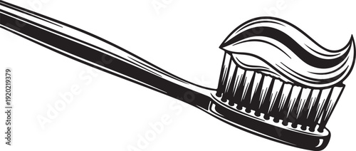 "Toothbrush with toothpaste vector illustration showing curved handle and bristles alongside toothpaste tube symbolizing dental care, hygiene, and oral health"