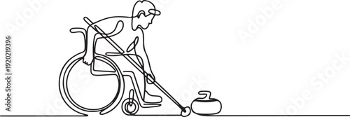 Abstract Linear Illustration of a Person in a Wheelchair Playing Curling, Modern Minimalist Design