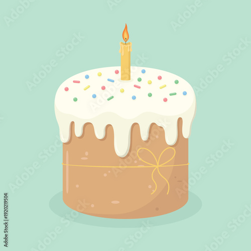 Easter cake with icing and candle. Easter holiday element. Happy Easter vector illustration.