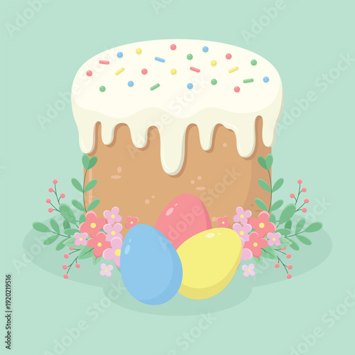 Easter cake with icing, coloured eggs and floral decoration. Easter holiday elements. Happy Easter vector illustration.