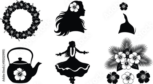 Hawaiian Hibiscus Flower Silhouette Set with Hula Dancer Tropical Lei and Teapot for CAD Drawing Flat Vector Illustration Island Vacation Design
