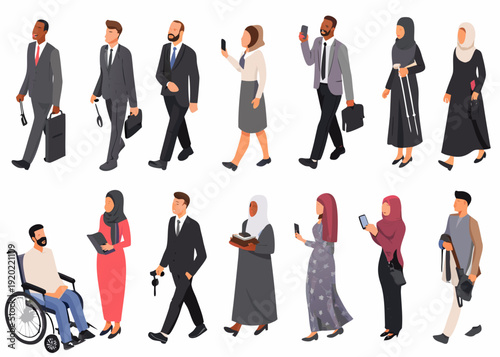 Diverse group of people walking and interacting illustrated vector characters
