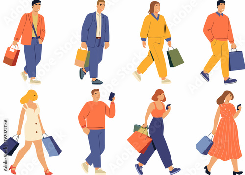 Diverse group of people carrying shopping bags illustration