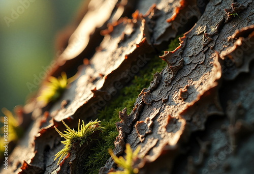 Sunlight highlights the rough texture of a tree trunk, revealing patches of green moss and small sprouts growing from its surface.